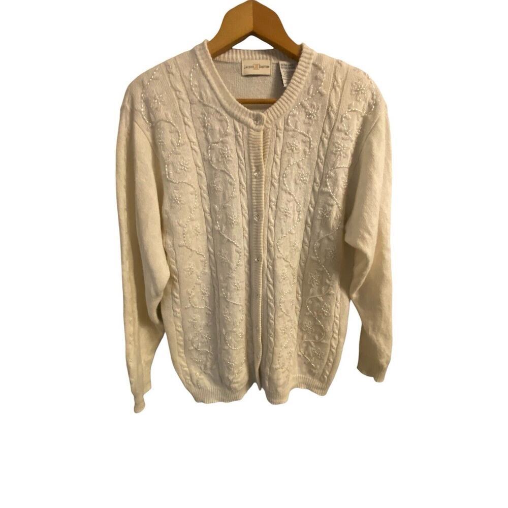 Vintage Jaclyn Smith Cardigan Sweater Size Extra Large Cream Wool Blend Beaded